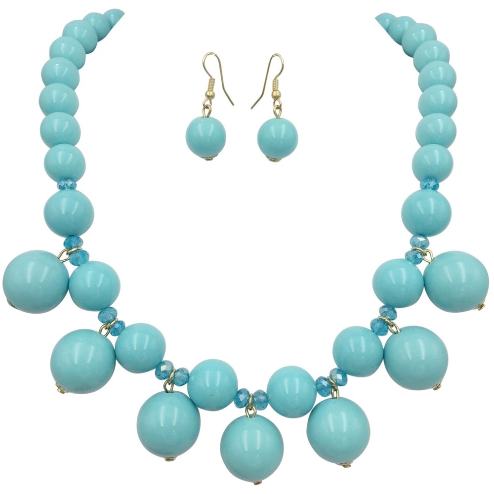 Aqua Blue Bead Flair Drop Necklace Earrings Set